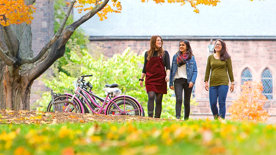 Students walk across campus in the fall.