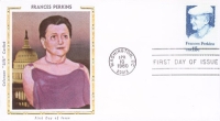 Frances Perkins postcard and stamp.